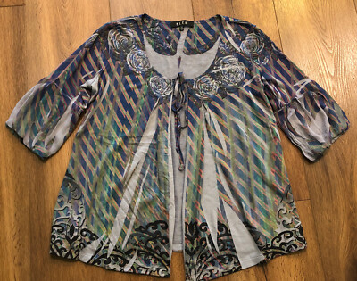 B.L.E.U. Embellished 3/4 Sleeve Open Light Knit Cardigan Size M Floral Design