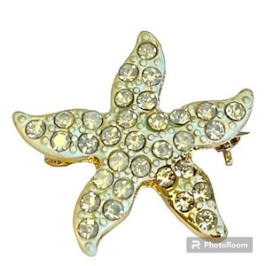 Authentic Starfish Pin Brooch Sea Life Gold Plated Crystal Aqua Beach Island Freeform