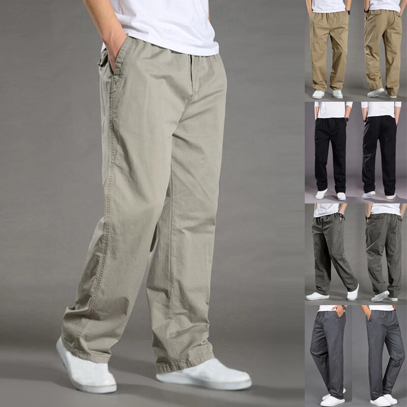 Black Cargo Pants Mens Fashion Casual Loose Cotton Plus Size Pocket Lace Up Elastic  Waist Pants Trousers 