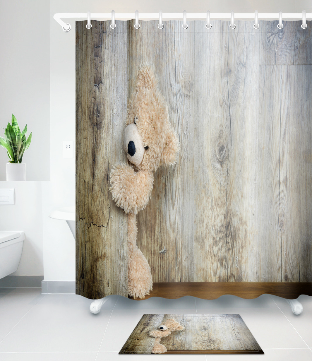 Hiding Teddy Bear Shower Curtain Liner Polyester Fabric Bathroom Set