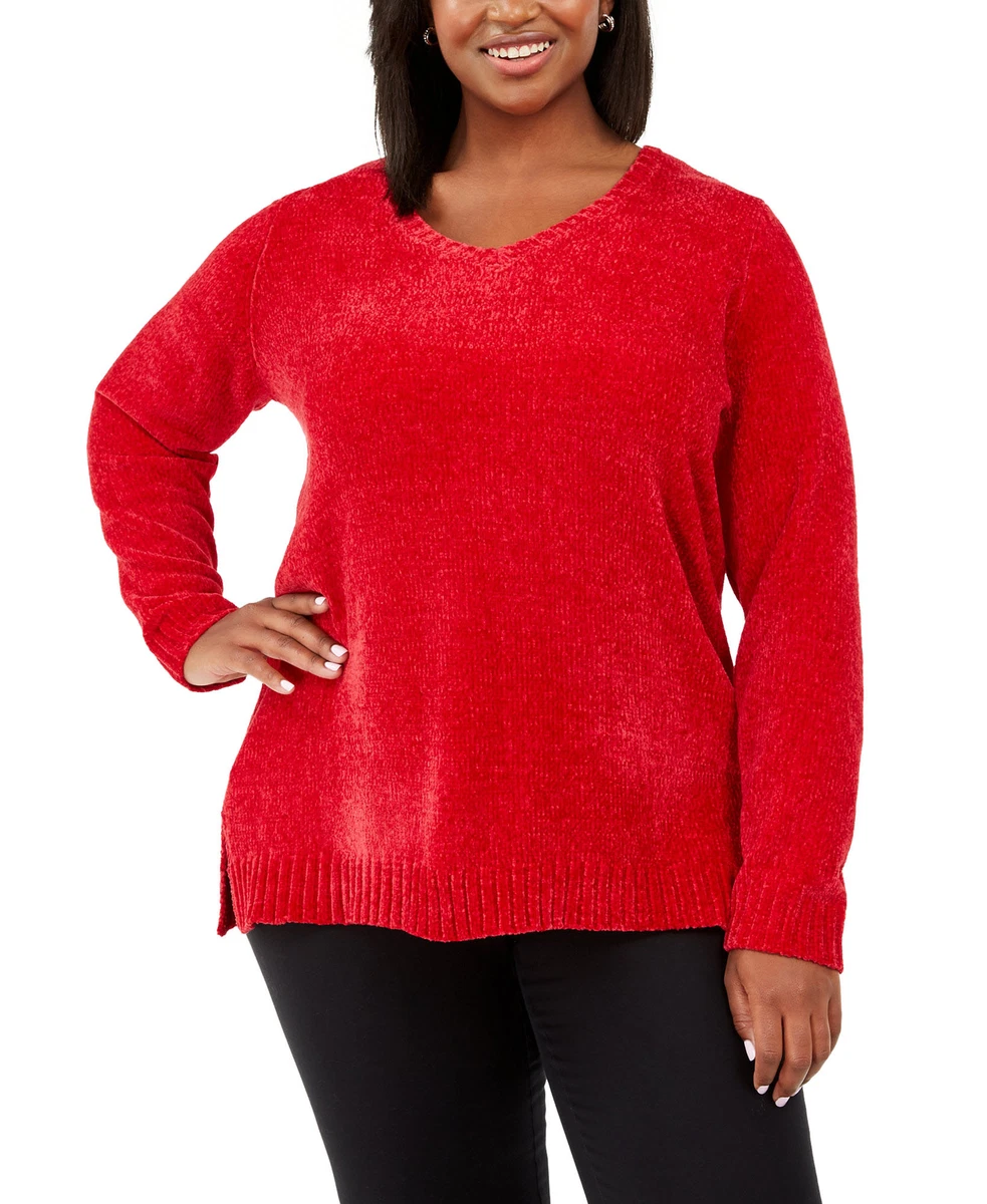 Karen Scott Women's Plus Size V-Neck Chenille Sweater (2X, Haute Red) | eBay