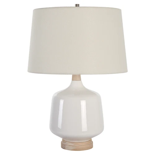 High Gloss White Ceramic Table Lamp 25 in Coastal Farmhouse Casual Wood Organic - Picture 4 of 7