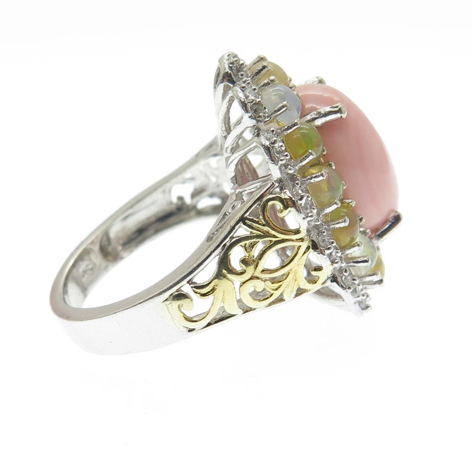 Anillo CHUCK CLEMENCY 925 Plata de Ley 2 Tonos Coral Ópalo Topacio Blanco Talla 7.25 Foto 4 de 4