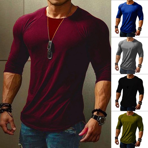 Men's Round Neck Long Sleeved Sports Solid Color Casual Slim Fitting T-Shirt - Picture 1 of 14