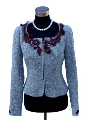 Jon Suit Jacket Sz 4 Blue Brown Wool Boucle Embroidered Beaded Feather Lace S