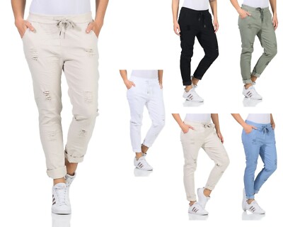 Chino Hosen Damen Jeans Risse Stretch Denim Gummizug tapered Sommerhose 36-44