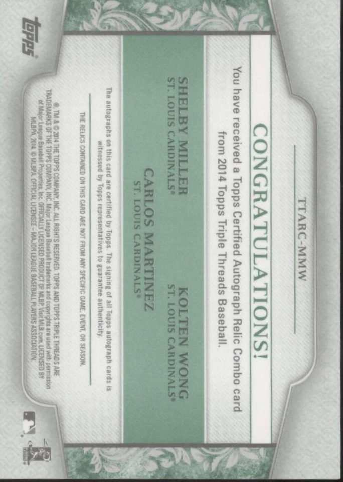 Miller / Martinez / Wong 2014 Topps Triples Threads Green Swatch Autos 14/18 - Image 2 of 2