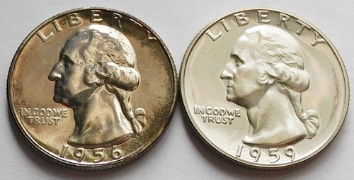 1956 + 1959 Proof Washington Silver Quarters, Two 25 Cents coins