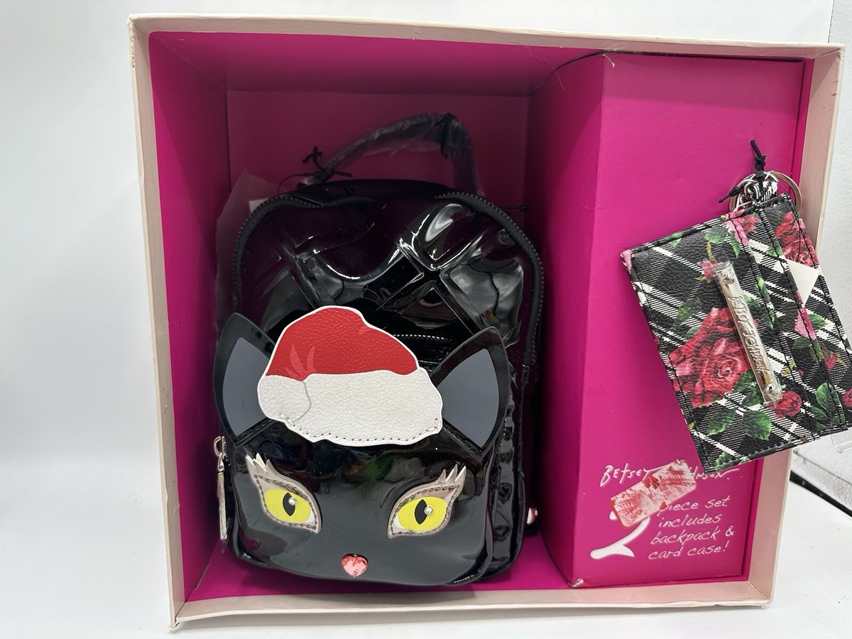 Betsey Johnson Black Christmas Santa Hat Cat Backpack & Card  display picture 3
