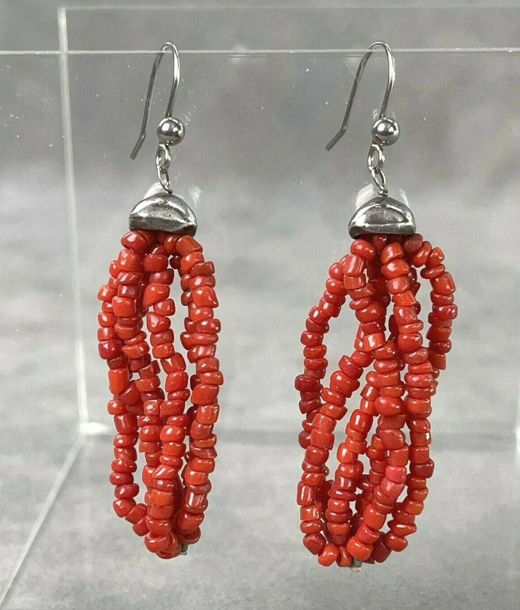 Red Glass Trade Bead Earrings Sterling Silver Caps Ear Wires