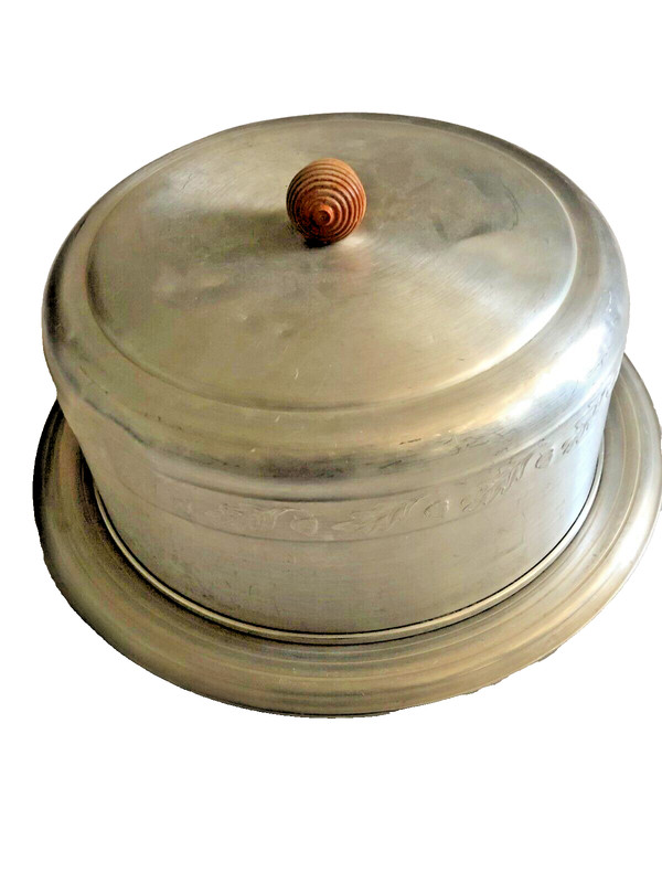 Vintage Cake Cover 10” Aluminum Metal - Wood Acorn Handle, Round Domed Lid