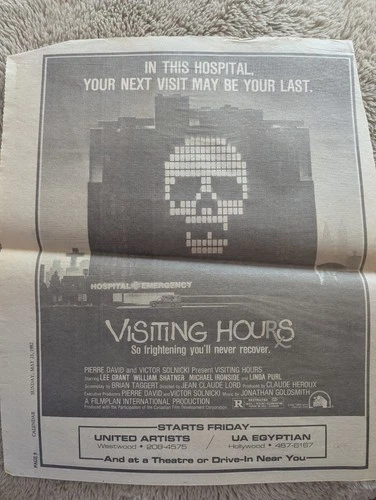 Visiting Hours Movie newspaper ad 1982 la times film bob hope horror promo art
