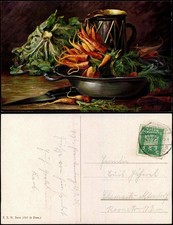 Ansichtskarte  Künstlerkarte Stillleben Tongeschirr Karotten Salat 1925
