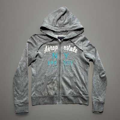 Vintage Aeropostale New York Hoodie Women s Size Medium Gray Full Zip Up Y2K