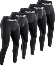 TELALEO 5 Pack Men's Compression Pants for Workout, Large, Black(five Pack) 