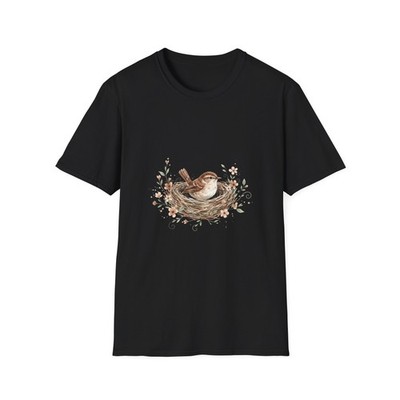 Bird Nest Floral Watercolor Vintage Black Tee Nature Aesthetic T-Shirt