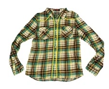 Love Tree Plaid Western Shirt Women’s Button Pockets Green Brown Size Large