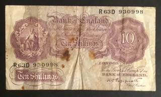 Banknote Of England Ten Shillings Mauve KO. Peppiatt. R63D. Circulated Condition