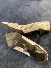 Prada Slip On Kitten Heel Pumps White Perforated Leather Pointed Toe Solid 37