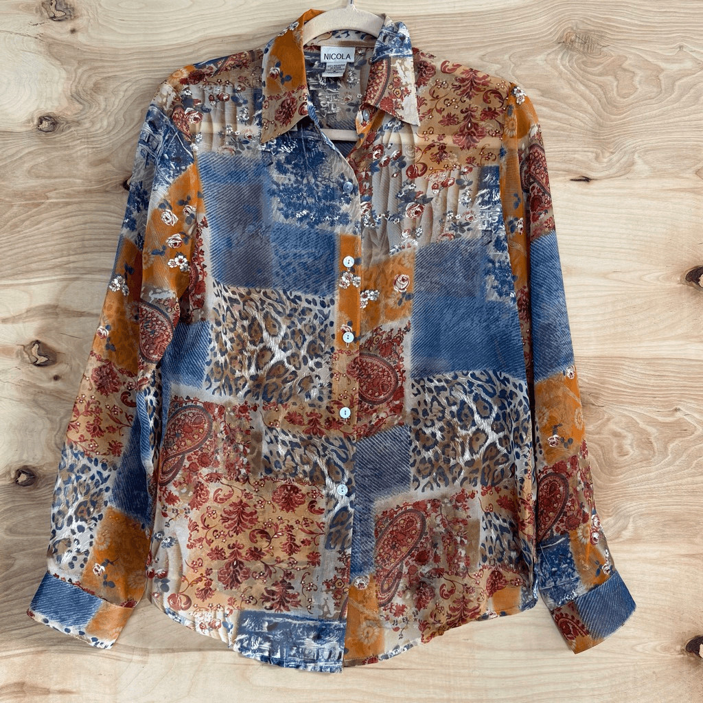 Vintage 80s Sheer Patchwork Print Button Down Shi… - image 1