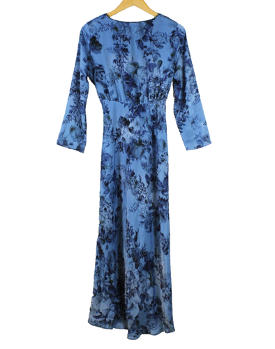Abito lungo donna Zara floreale scollo a V stile raso manica lunga blu taglia M - Foto 8 di 11