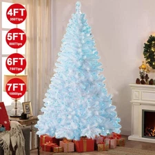 4/5/6/7ft Christmas Tree with Blue Lights Hinged Bushy Pine Xmas Holiday Deocr