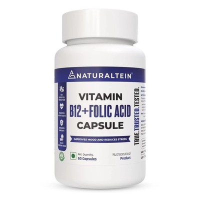 NATURALTEIN Vitamin B12 + Folsäure Energie Gehirn & Herz Gesundheit 60 Kapseln