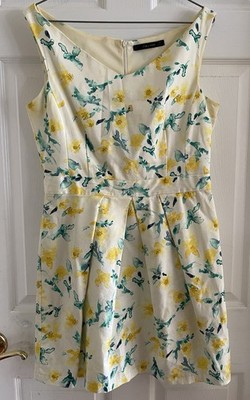 Zara Basic Watercolor Floral Fit & Flare Dress - Yellow & Teal - Size L