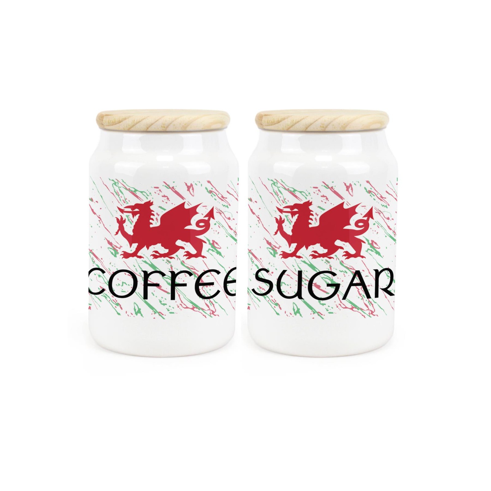 Ceramic Welsh Dragon Tea & Sugar Canisters - Drinks Storage Containers Set