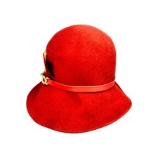 Vintage Doeskin Cloche Hat Womens 22 Red Wool Felt by Bollman USA Feather Trim