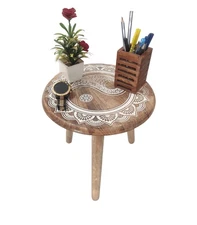 ® Wooden Engraved Fold-able Side Table/End Table/Plant Stand/Stool for Living...