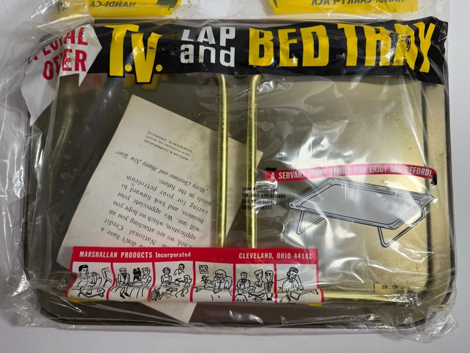 Vtg New Retro TV Tray Folding Legs Lap Tray Brown Gold Flour De Lis 1970s MCM - Image 4 of 4