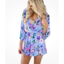 Everly Floral Print Romper Womens Size Small Purple V Neck Long Sleeve