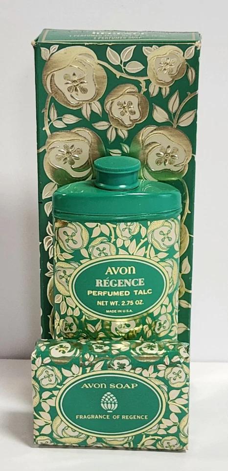 Par Perfumado AVON Jabón de Barra y Talco Regence De Colección; Patrón Verde Azulado/Dorado/Plateado, Caja Nuevo de Lote Antiguo Foto 2 de 4