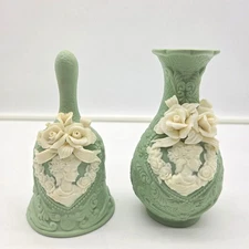 Vintage JTS International Jasperware Bell & Vase Green Relief 5.5" Pair