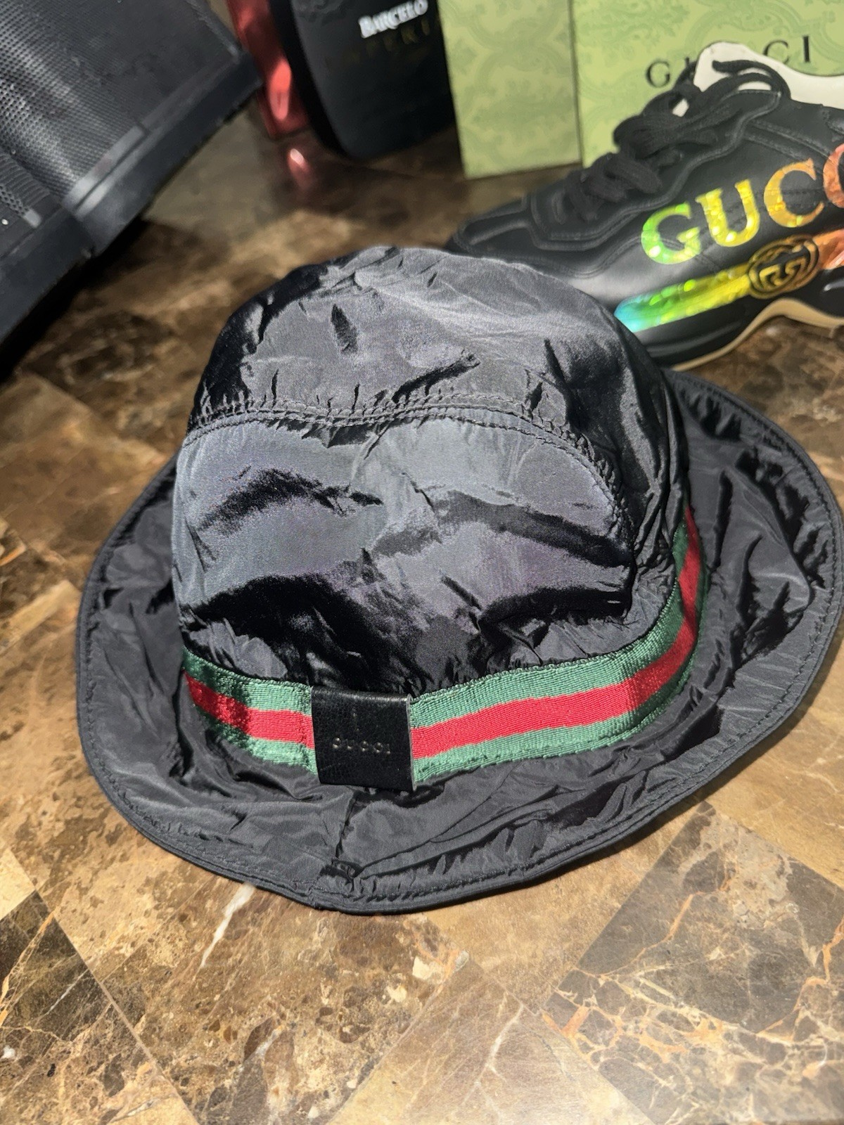 Gucci Black Green Red Striped Bucket Hat Men’s Size M