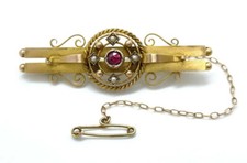Antique 1911 Etruscan Revival 9ct Gold Ruby Paste & Seed Pearl Brooch