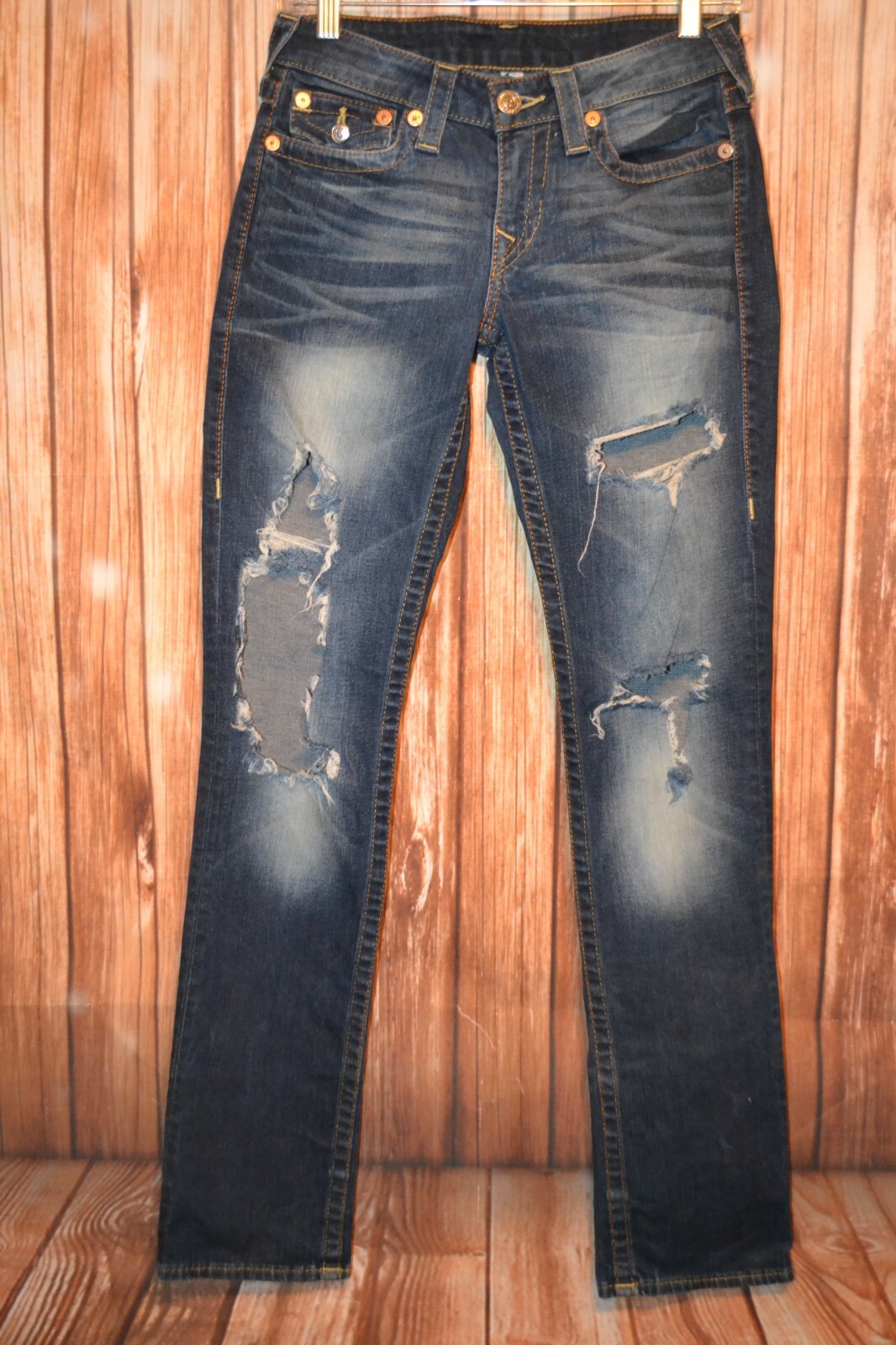 True Religion Women's Slim Straight Distressed Zipper Flaps Blue Jeans Sz 27x33 thumbnail 4