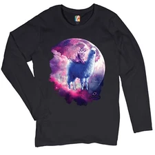 Cat Riding a Llama in Space Women's Long Sleeve T-shirt Weird Galaxy Moon