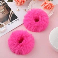 Lusofie 2Pcs Hot Pink Pompom Hair Tie Furry Faux Rabbit Fur Fuzzy hot pink