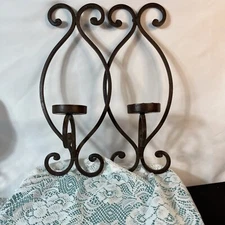 Vintage Scroll Candle Holders Sconce Brown Wrought Iron Wall Mount Tuscan Style