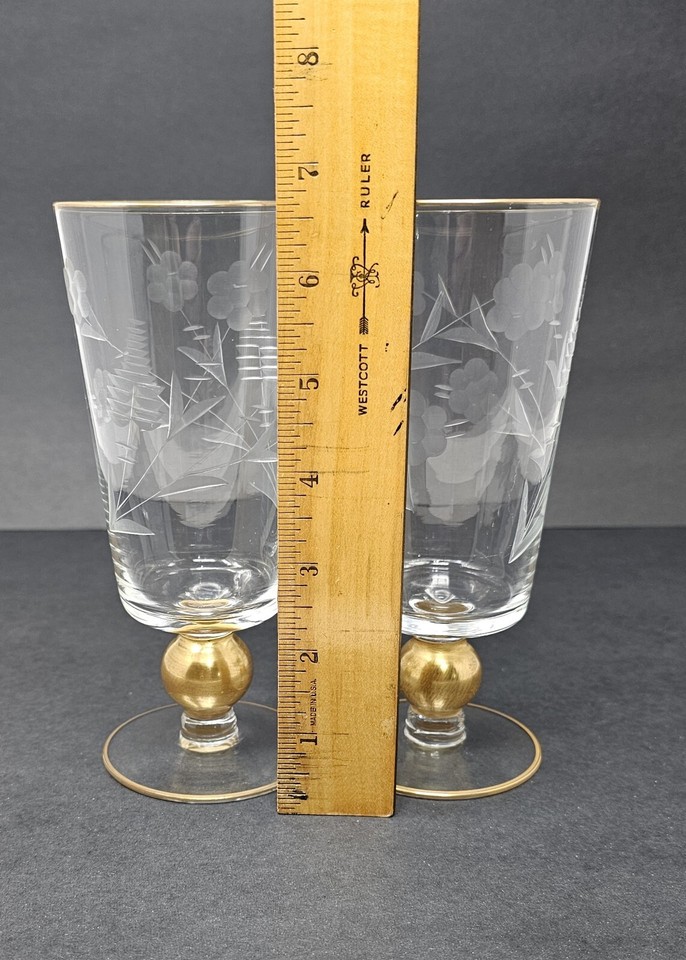 7 Vintage Glastonbury Lotus Etched Iced Tea Glasses Gold Ball Stem ...