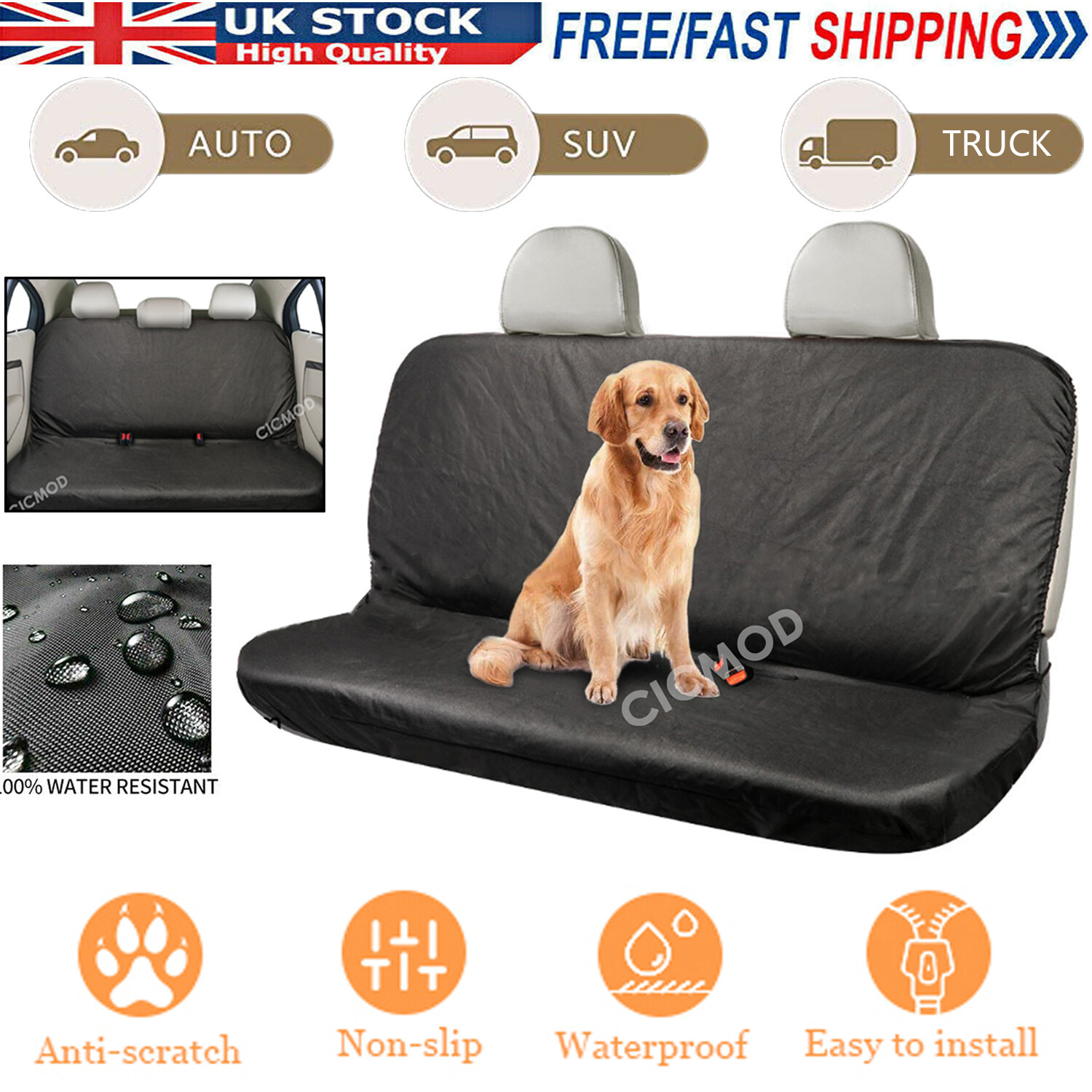 Waterproof Rear Bench Car Seat Cover Universal Heavy Duty Protector for Pet Dogs