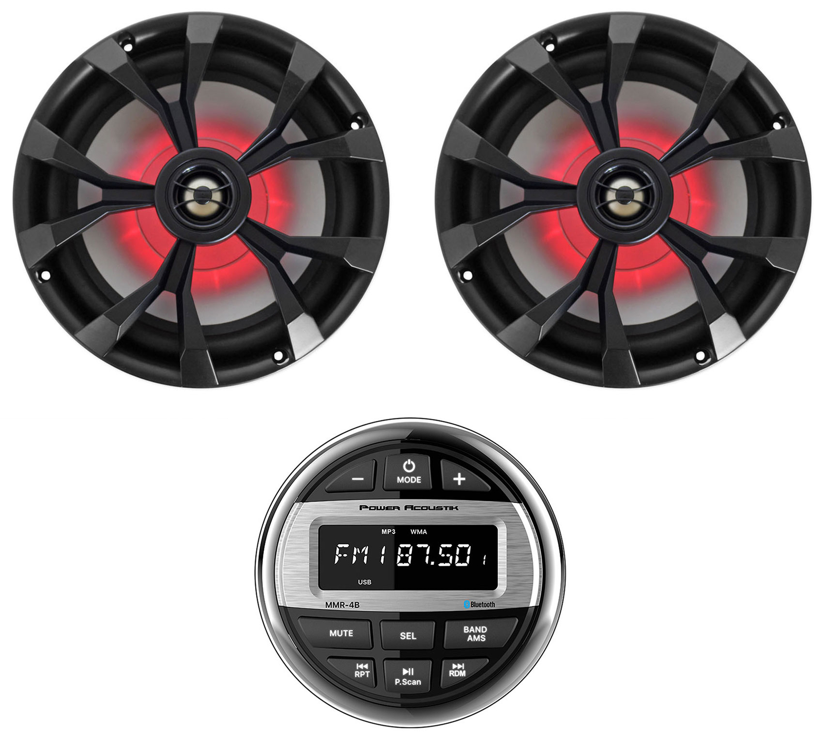 Морской ресивер Power Acoustik MMR-4B BluetoothUSB эквалайзер2 8 черных светодиодных динамиков 20290₽