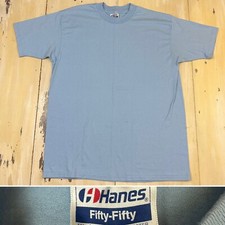 HANES FIFTY FIFTY - Vtg Made In USA Black Plain Light Blue T-Shirt, Mens XL