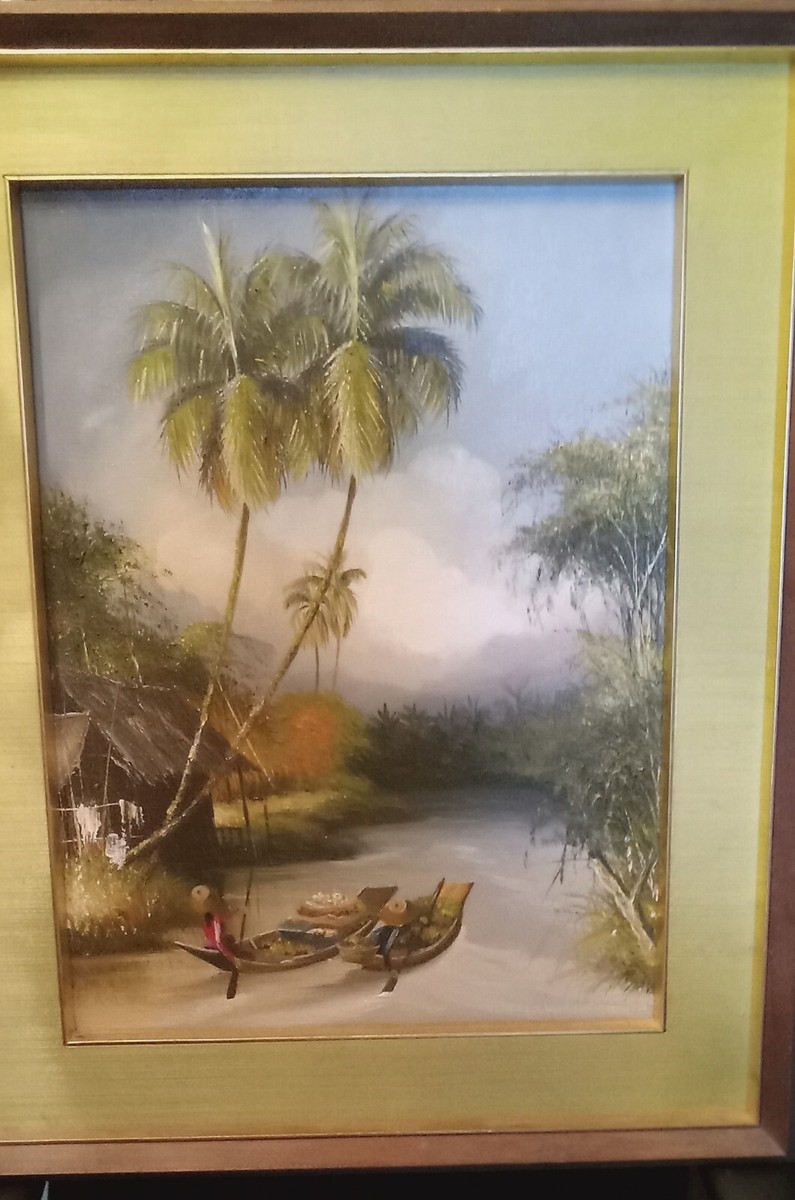 Vtg Tropical River Landscape Oil Painting | eBay