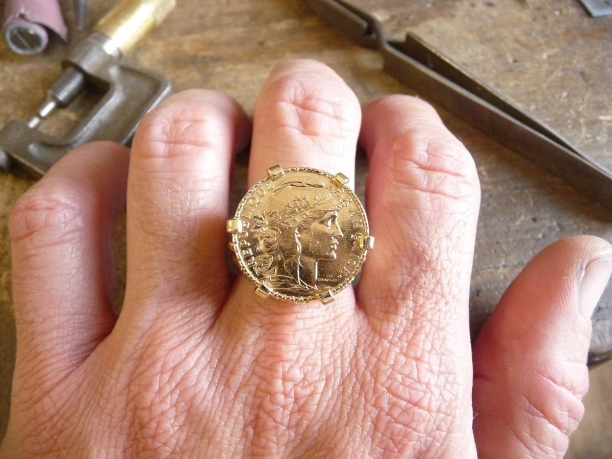 Chevalière Argent Cintrée Avec Pièce Or 20 Francs Marianne - Neuf Avec Emballage