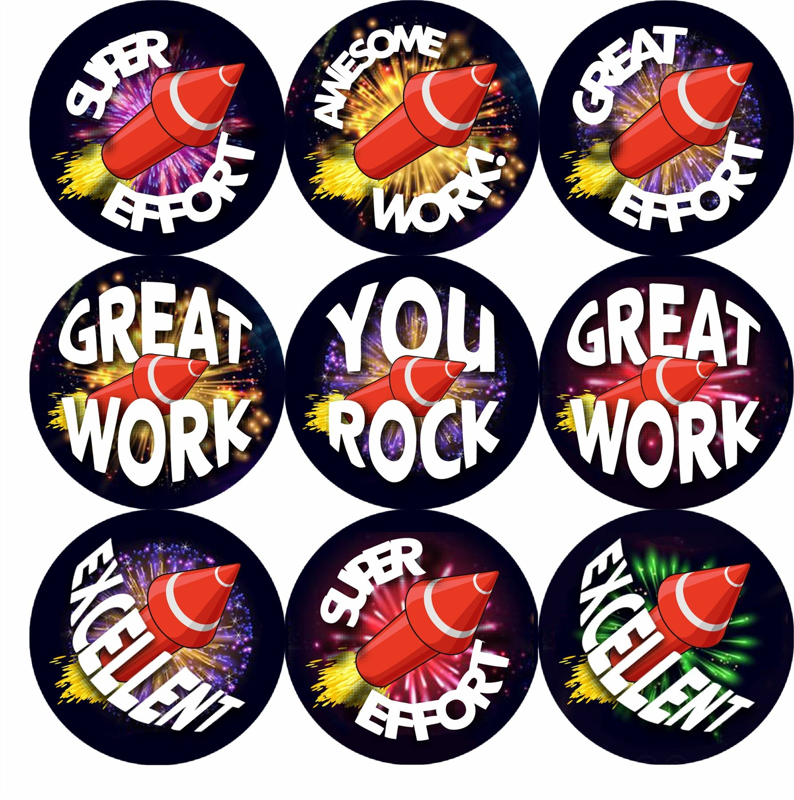144 Firework Praise 30mm Stickers Glossy Bonfire themed Reward Stickers