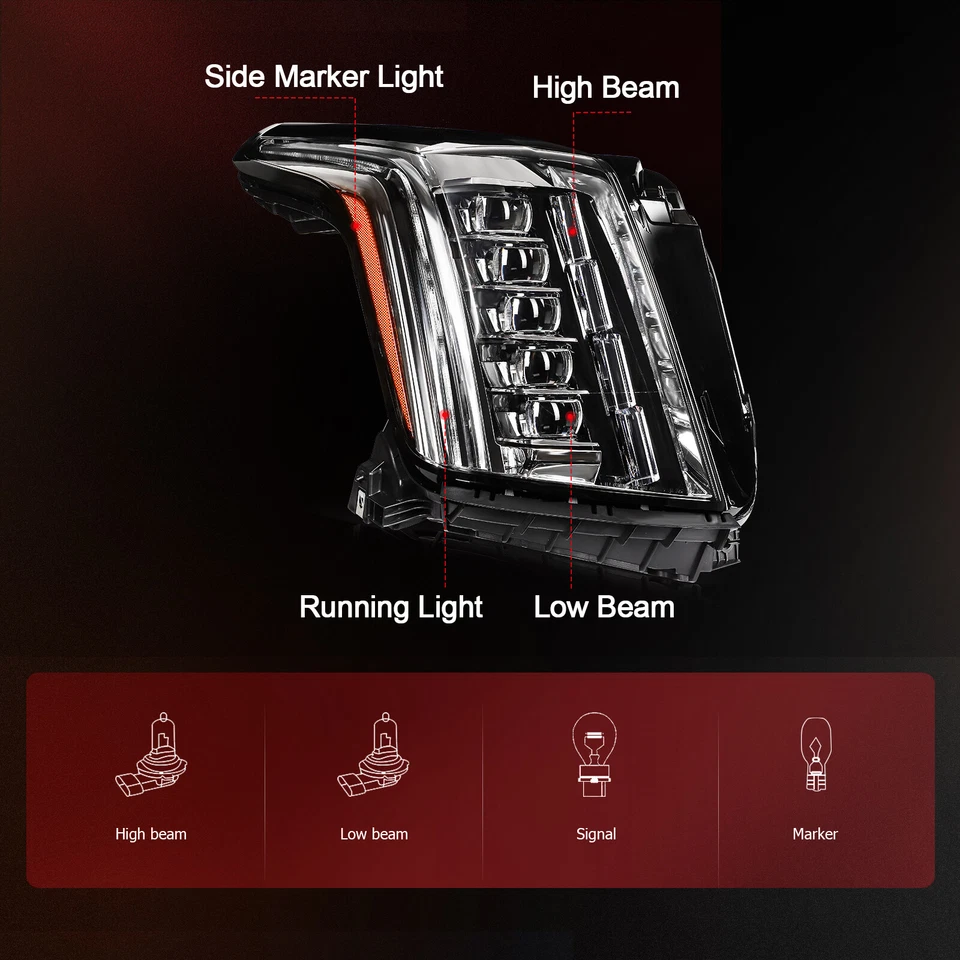 Pair Full LED DRL Headlights Assembly For 2015-2020 Cadillac Escalade ESV Foto 4 de 4