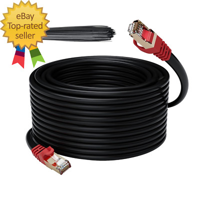 Cat 6E Cat 7 Outdoor Ethernet Cable 300 Ft, 10Gbps Heavy-Duty Shielded Internet